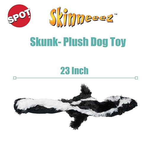 SPOT Skinneeez Skunk head closeup highlights realistic look and engaging squeaker.