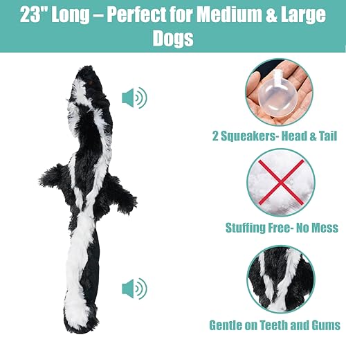 SPOT Skinneeez Skunk tail closeup emphasizes dual squeakers for interactive fun.