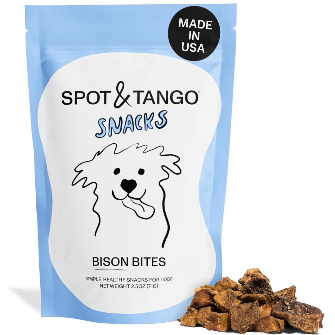 Spot & Tango Bison Bites bag front view showing single-ingredient, protein-rich dog treats.