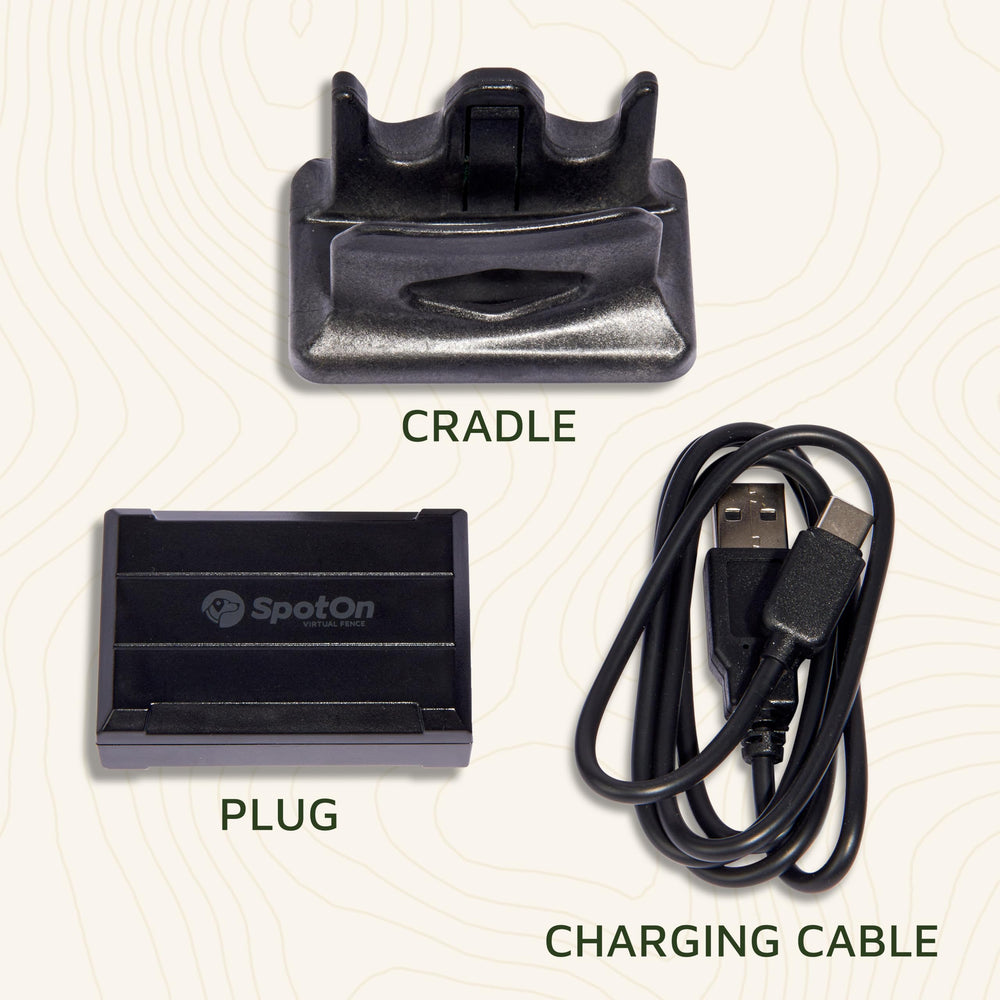 SpotOn charging cable highlights reliable power flow for uninterrupted GPS dog fence operation.