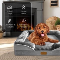 Spotted Play orthopedic dog bed front view highlights four-sided bolster for cozy snuggling.