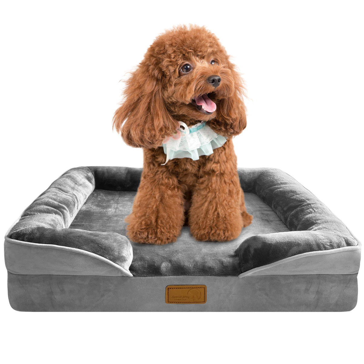 Spotted Play orthopedic dog bed side view shows sturdy support for small breed joints.