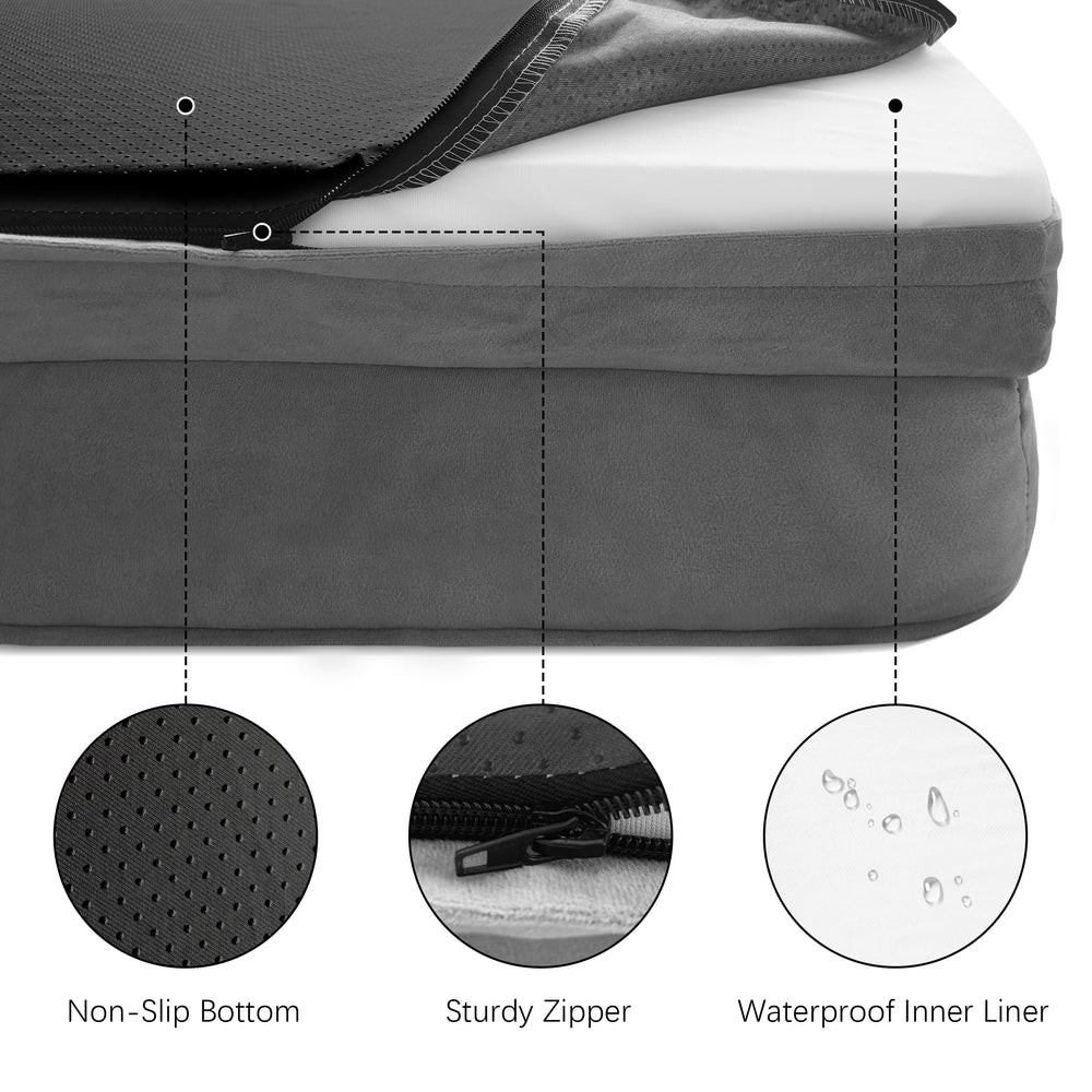 Spotted Play dog bed waterproof liner closeup emphasizes spill protection and easy cleaning.