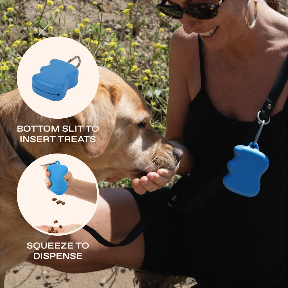 Springer dog treat pouch dispenser-closeup highlights squeezable dispensing for controlled treats
