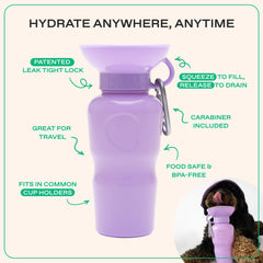 Springer dog water bottle lilac 22oz designed for cup-holder trips.