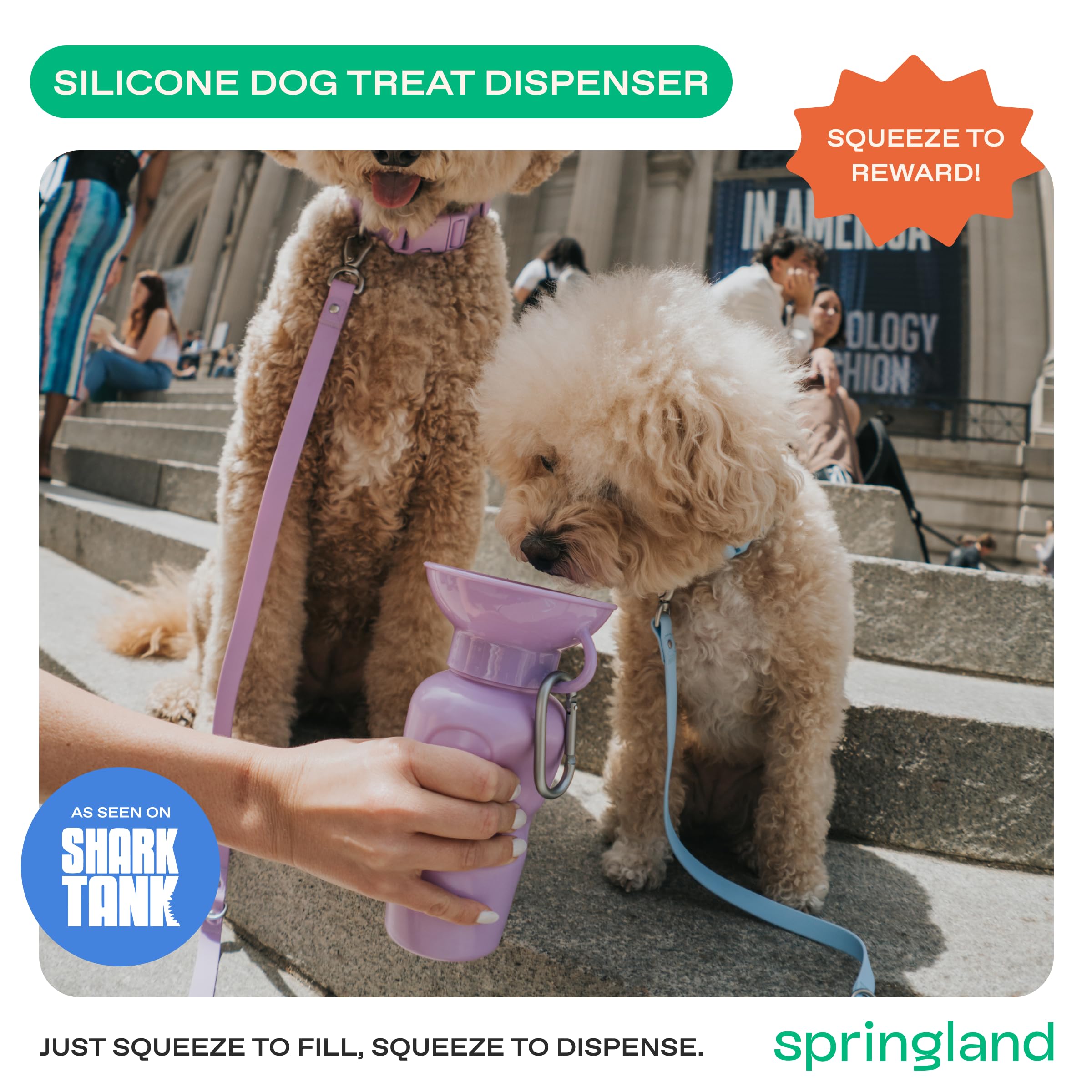 Springer dog bottle features one-hand use for easy watering during walks.