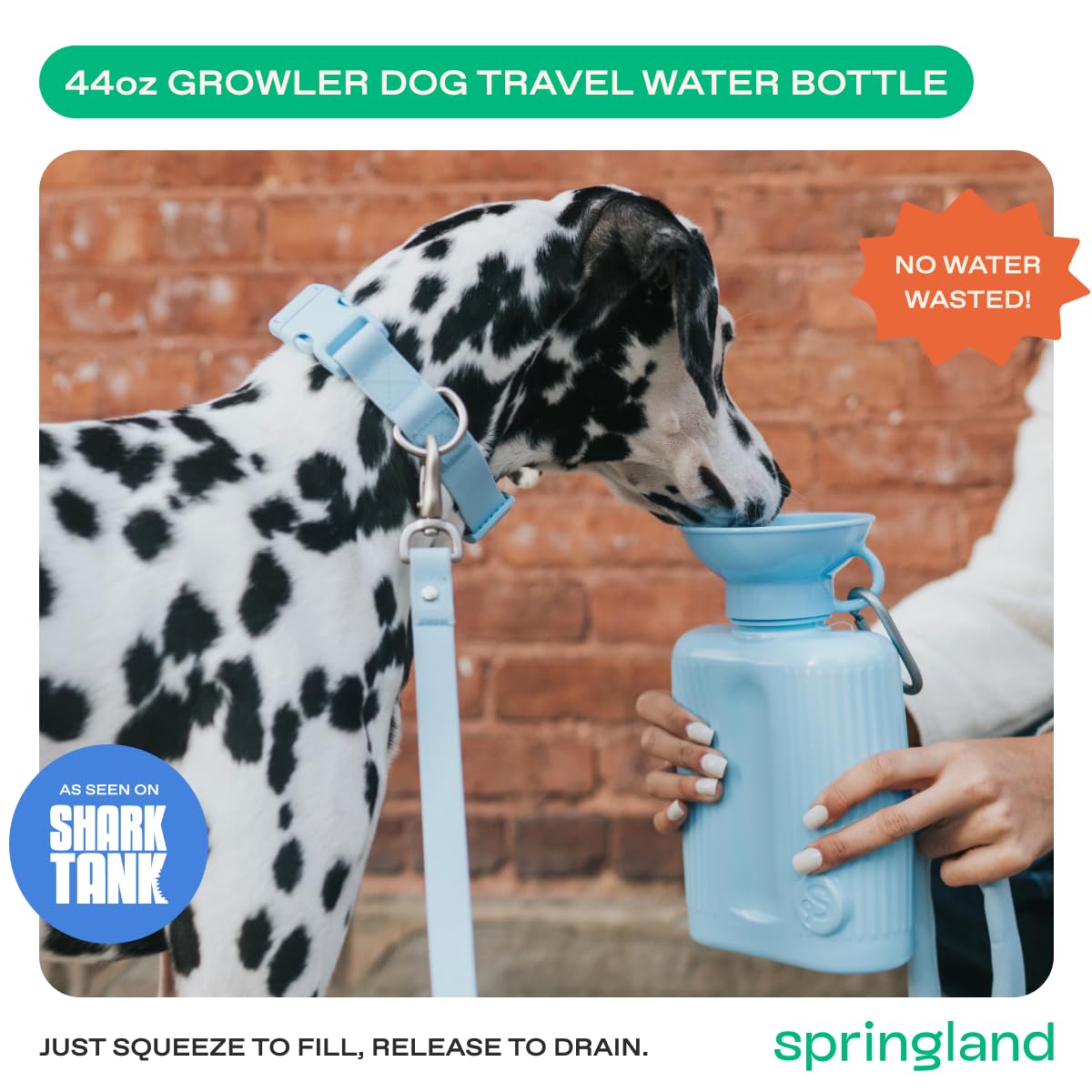 Springer sky blue bottle side-dispensing demonstrates one-handed operation