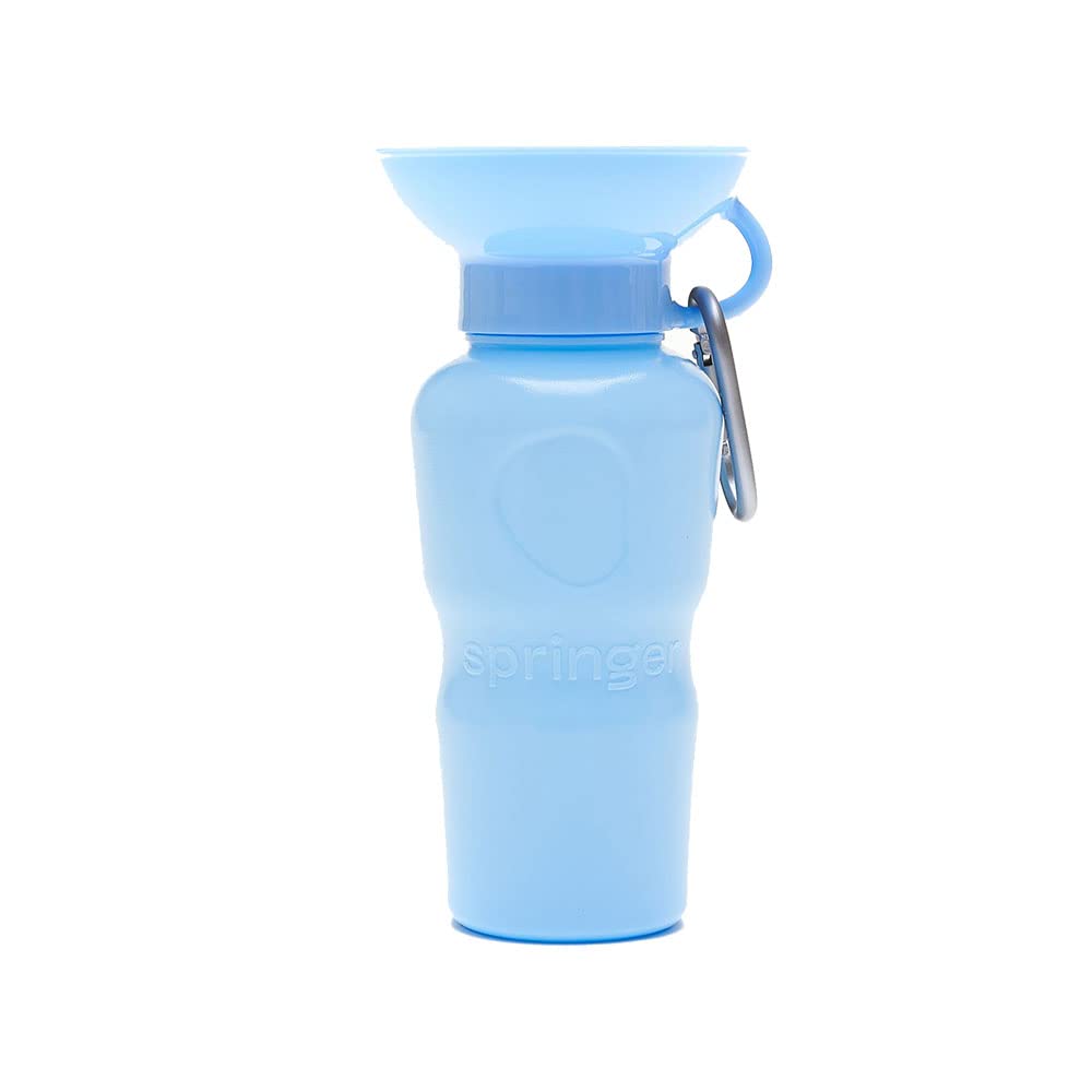 Springer sky blue bottle fits standard car cup holders for easy storage.