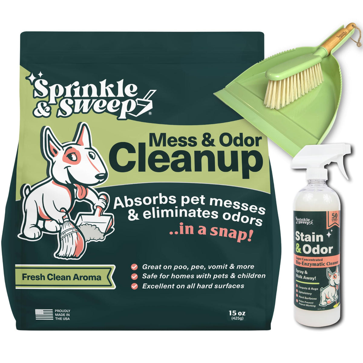 Sprinkle & Sweep 15oz bag ready for quick pet mess cleanup