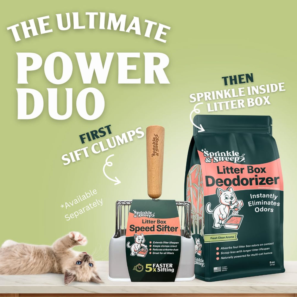 Litter box after use shows instant odor neutralization with Sprinkle & Sweep