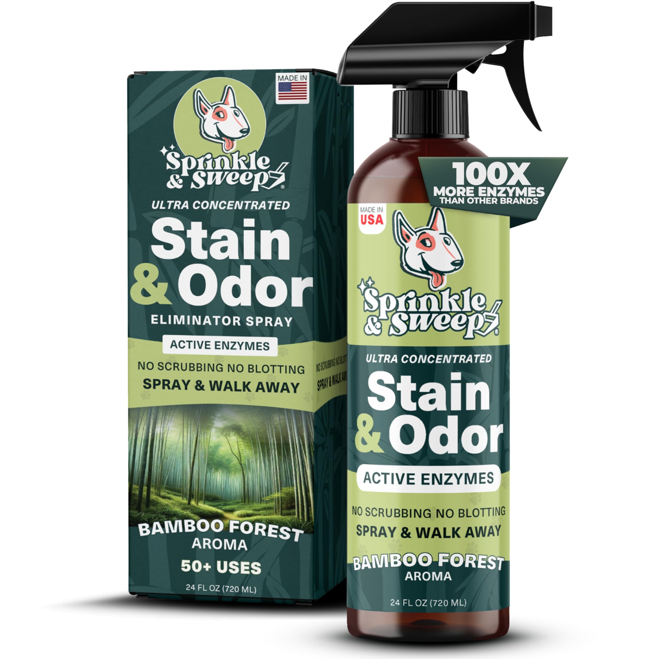 Sprinkle & Sweep enzyme cleaner bottle pour for easy pet mess cleanup
