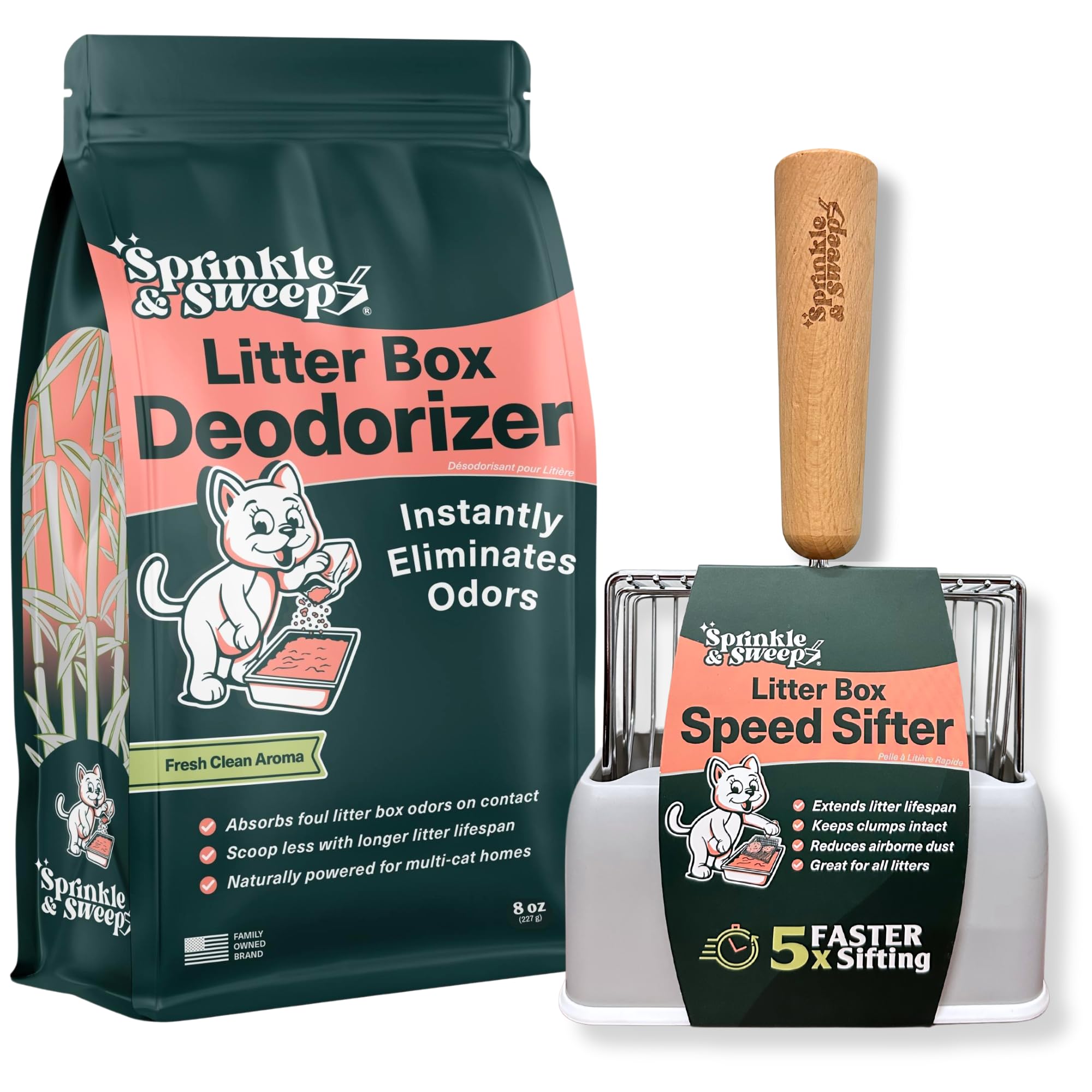 Sprinkle & Sweep Litter Box Deodorizer packaging showing whisker-safe formula for odor control