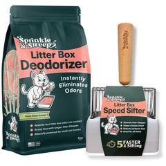 Sprinkle & Sweep Litter Box Deodorizer packaging showing whisker-safe formula for odor control