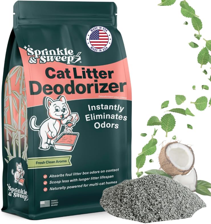 Sprinkle & Sweep litter deodorizer bag open showing plant-based freshness for litter boxes.