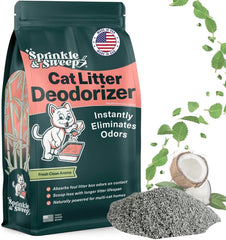 Sprinkle & Sweep litter deodorizer bag open showing plant-based freshness for litter boxes.