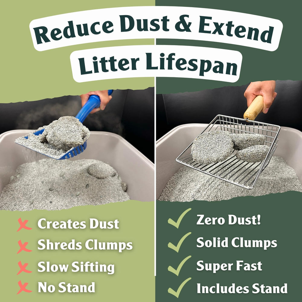 Sprinkle & Sweep litter scoop shown on hygienic stand for easy reach.