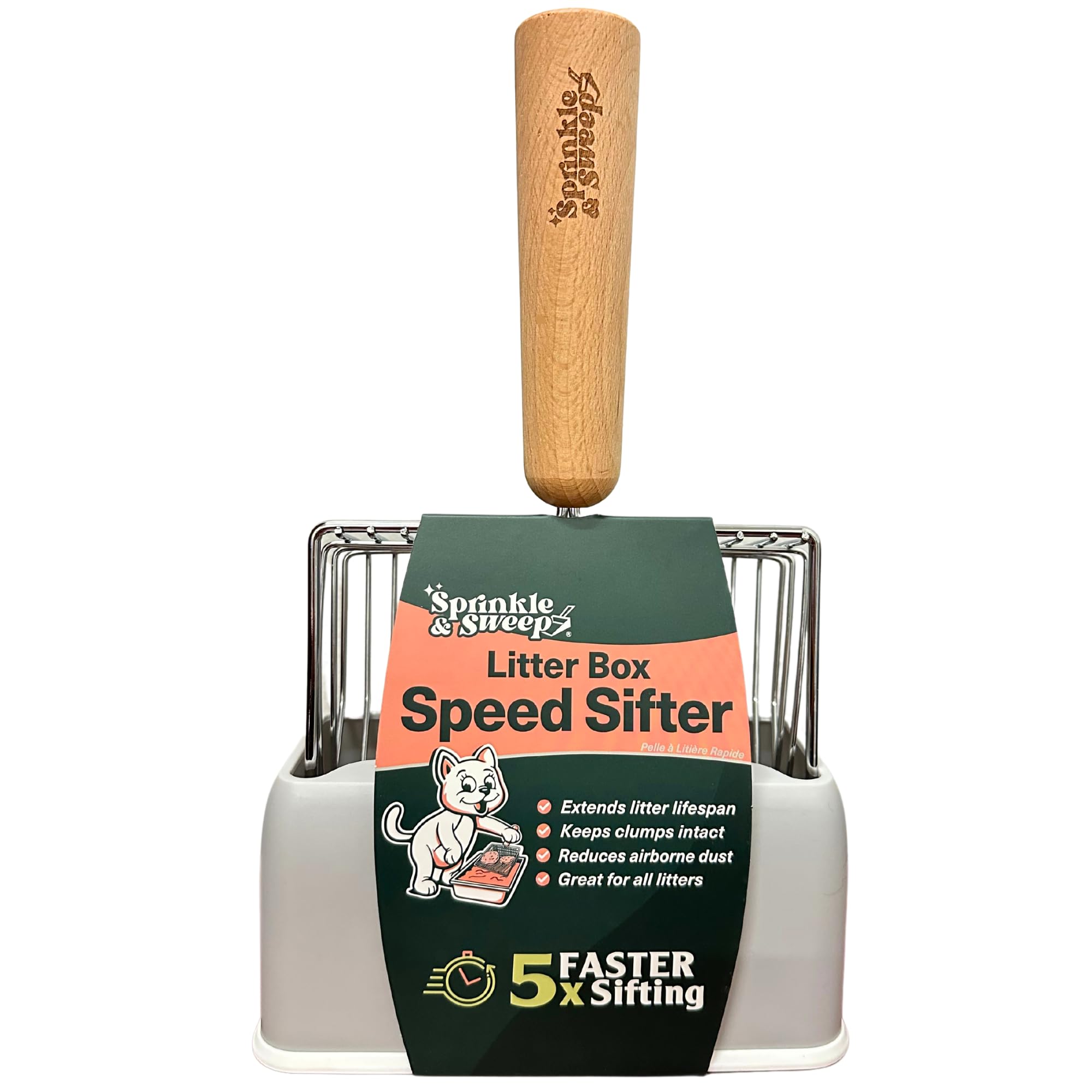 Sprinkle & Sweep metal cat litter scoop with speed sifter for fast cleanup.