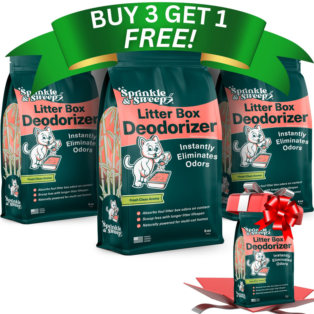 Sprinkle & Sweep pack4 litter-box-deodorizer shown in box for quick freshness.