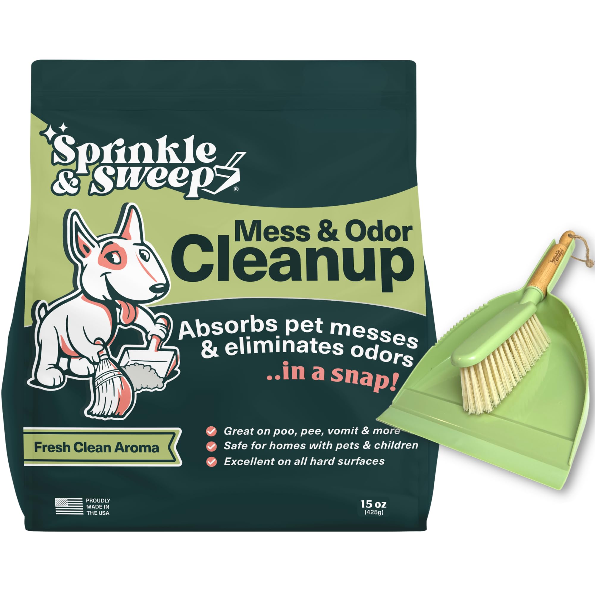 Sprinkle & Sweep pet-accident-bag shown for quick odor control and mess containment.