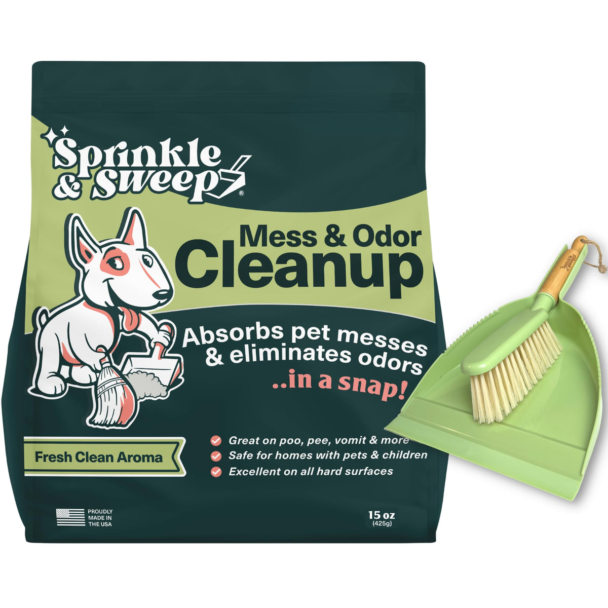 Sprinkle & Sweep pet-accident-bag shown for quick odor control and mess containment.