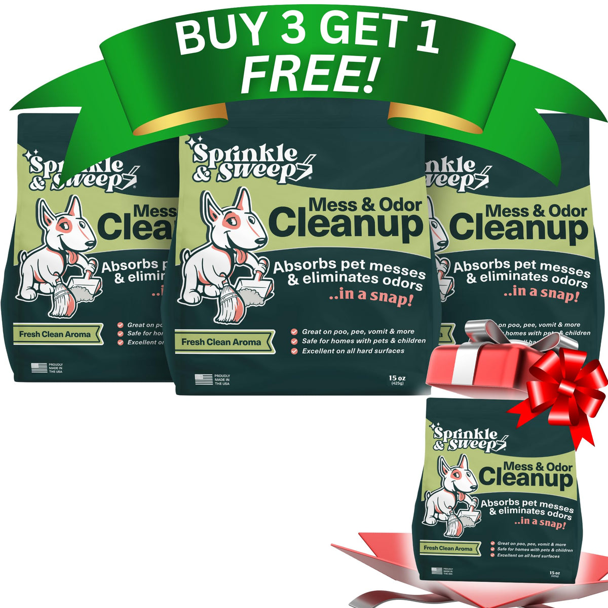 Sprinkle & Sweep pet accident cleanup bottle demonstrates quick, residue-free cleanup after pet accidents