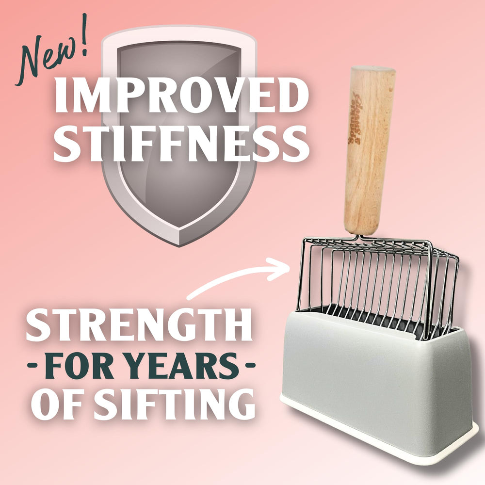 Sprinkle & Sweep scoop with holder shows tidy storage and easy cleaning.