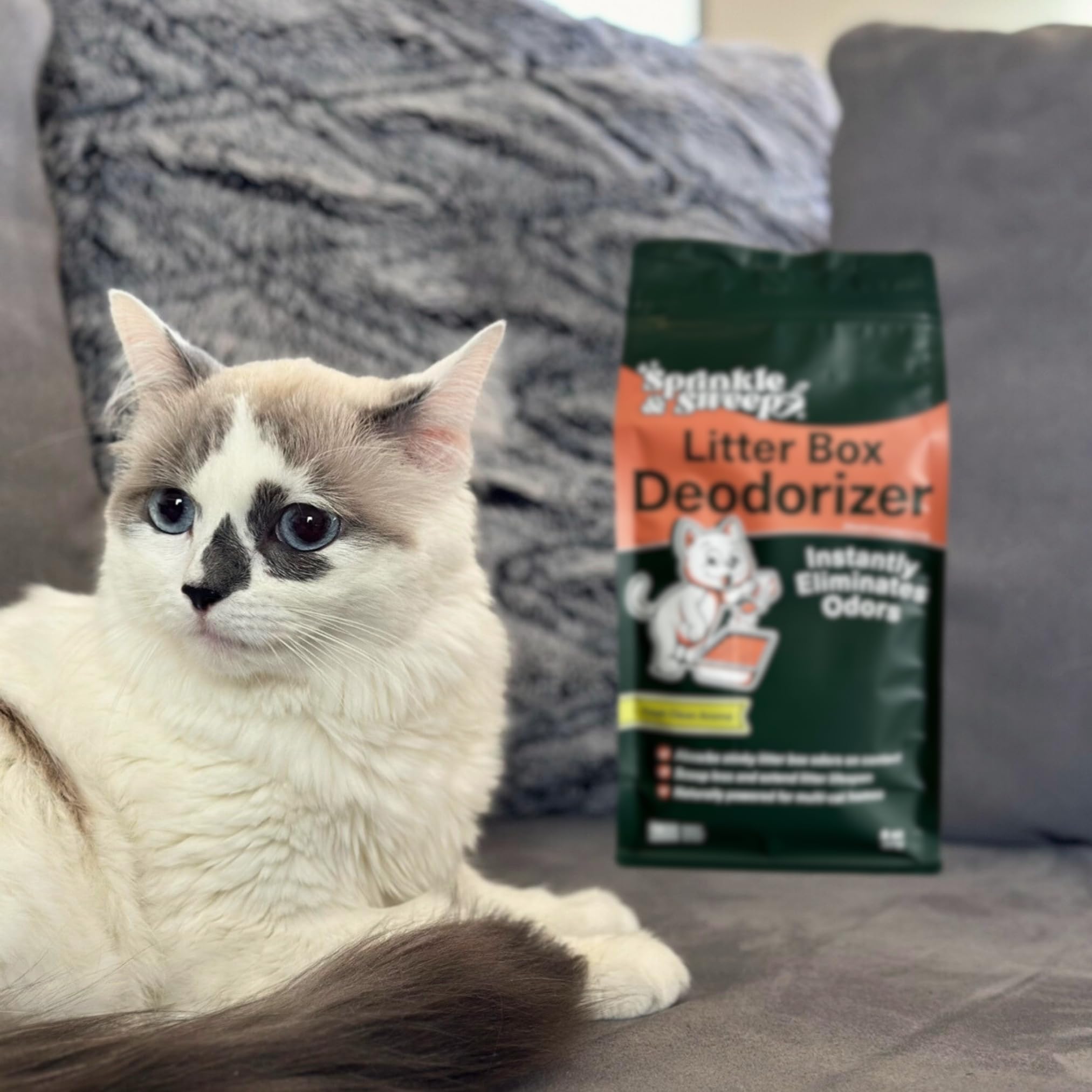 Sprinkle & Sweep versatile-use scenario shows deodorizing trash can and kennels.