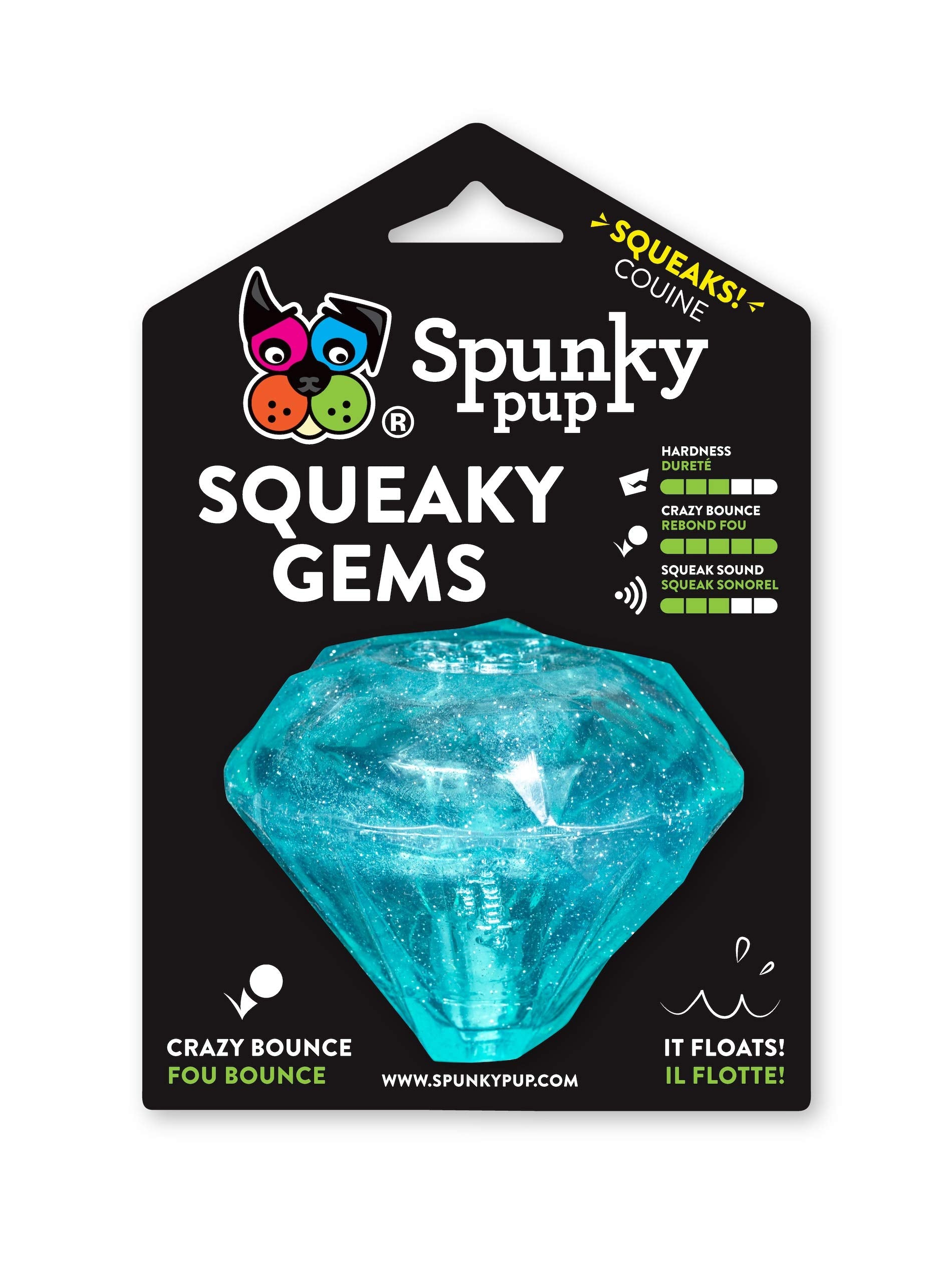 Spunky Pup Diamond Squeaker toy in diamond shape for playful chasing and bouncing.