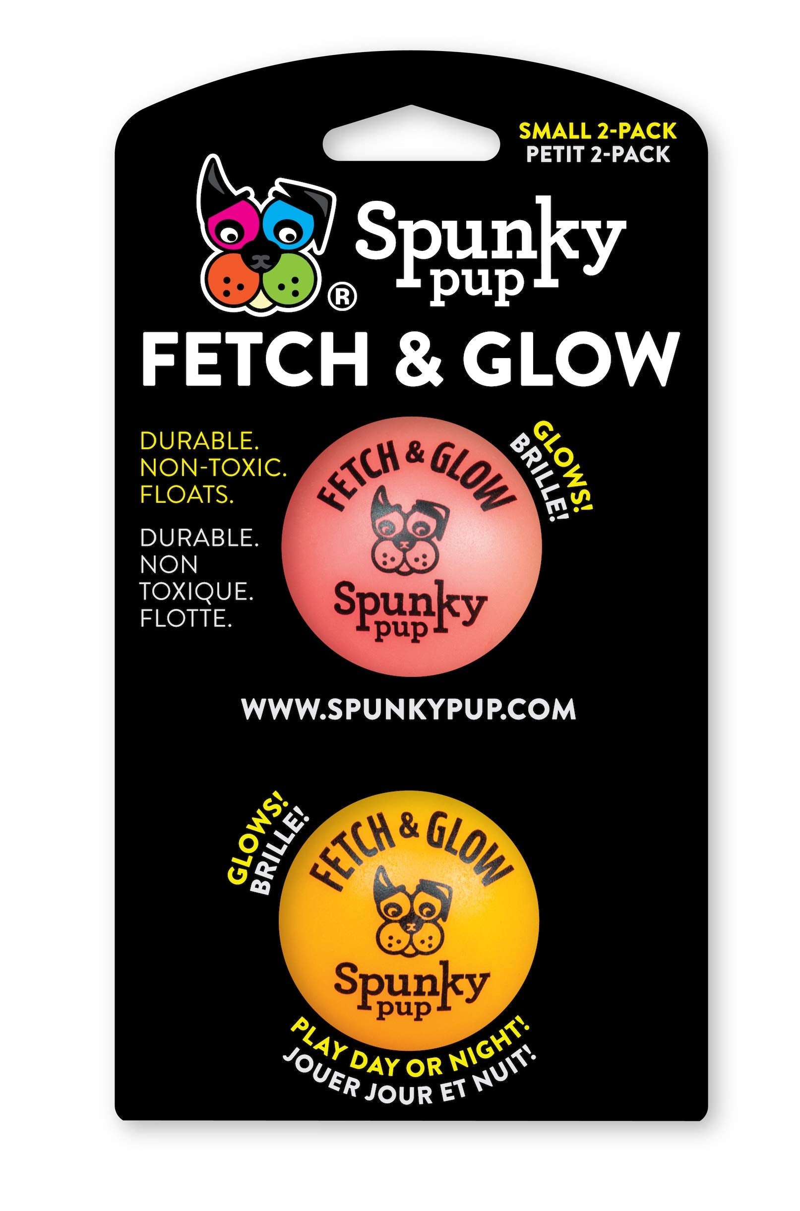 Spunky Pup fetch ball glow-in-the-dark for better night-time play and visibility.