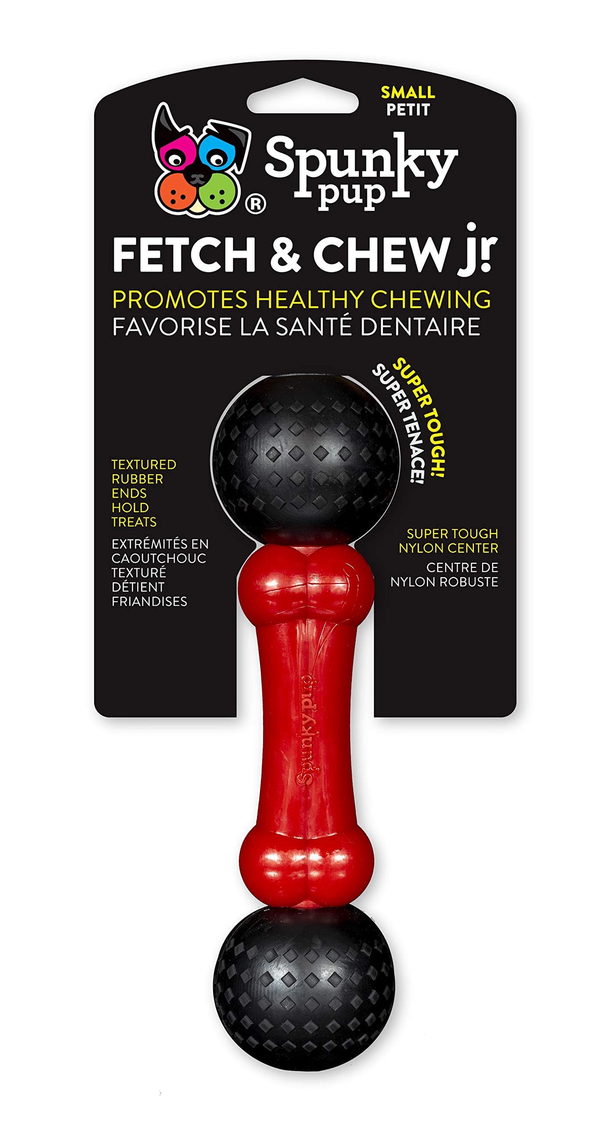 Spunky Pup Fetch and Chew Bone Small features nylon core and rubber ends for dental cleaning.