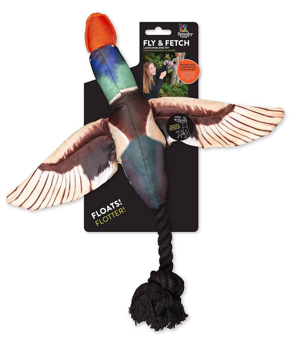 Spunky Pup Fly & Fetch Duck toy launching with built-in bungee for long-distance fetch