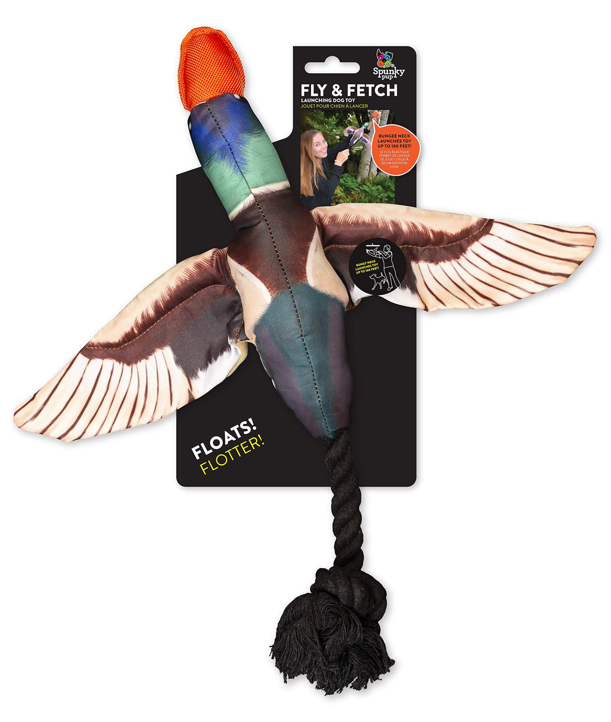 Spunky Pup Fly & Fetch Duck toy launching with built-in bungee for long-distance fetch