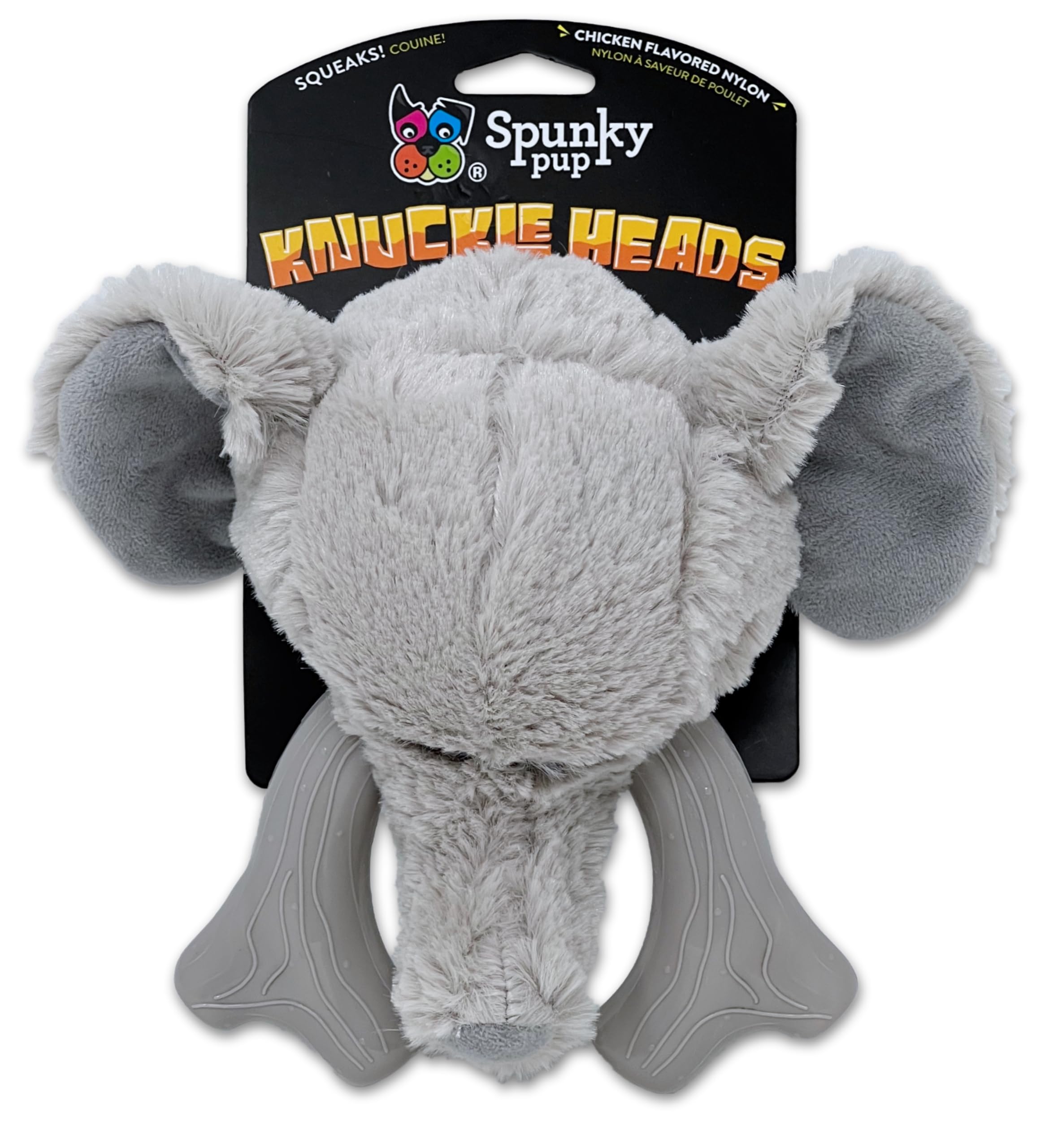 Spunky Pup Knucklehead elephant front view shows durability for aggressive chewers during fetch