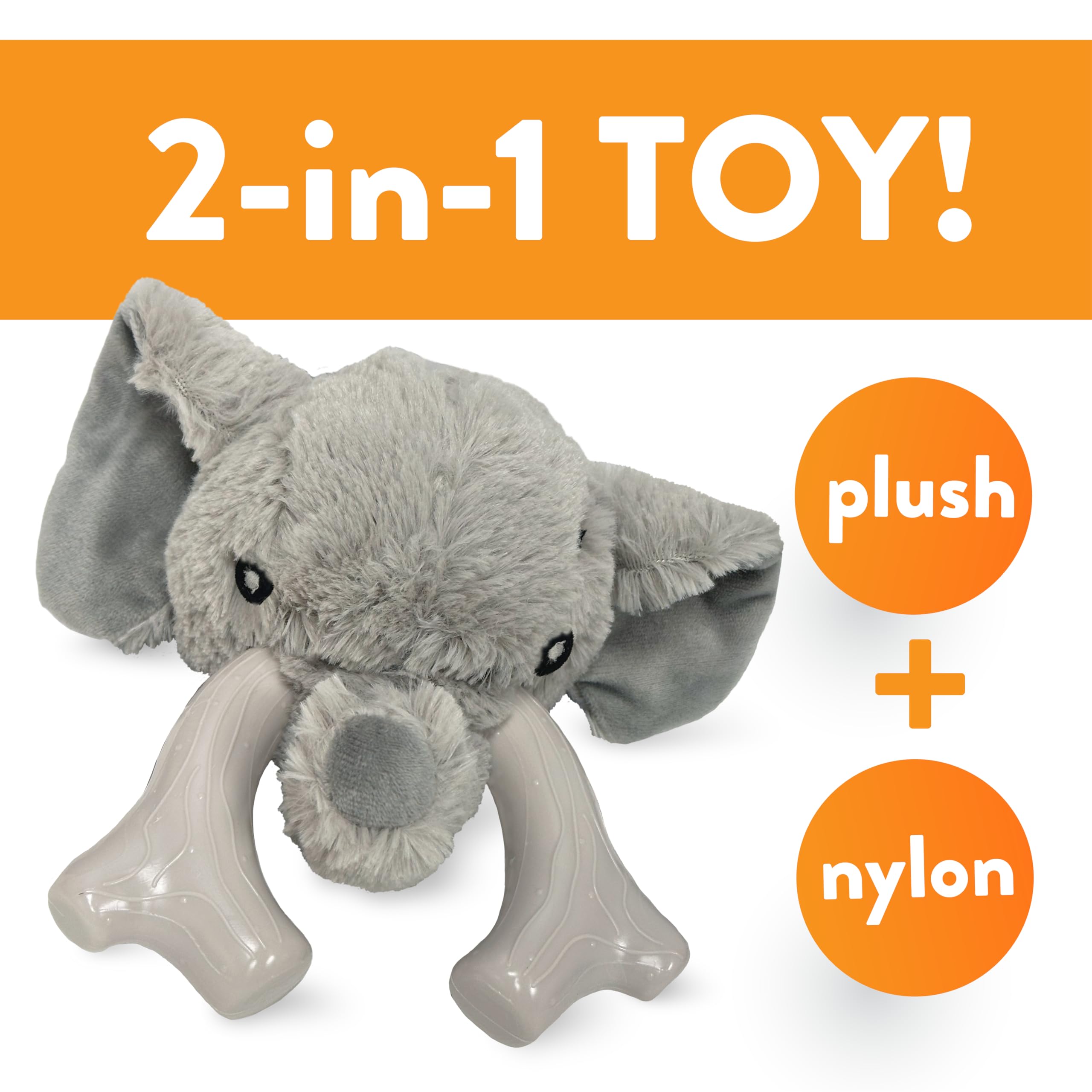 Spunky Pup Knucklehead plush-squeaker elephant closeup demonstrates double stitched construction for lasting play