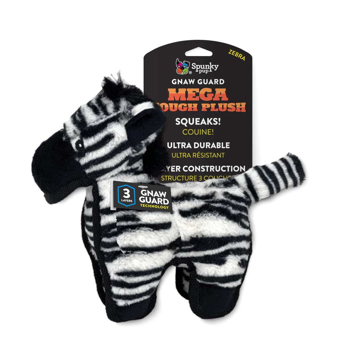 Spunky Pup MEGA Tough Zebra toy cover provides durable protection for aggressive chewers.