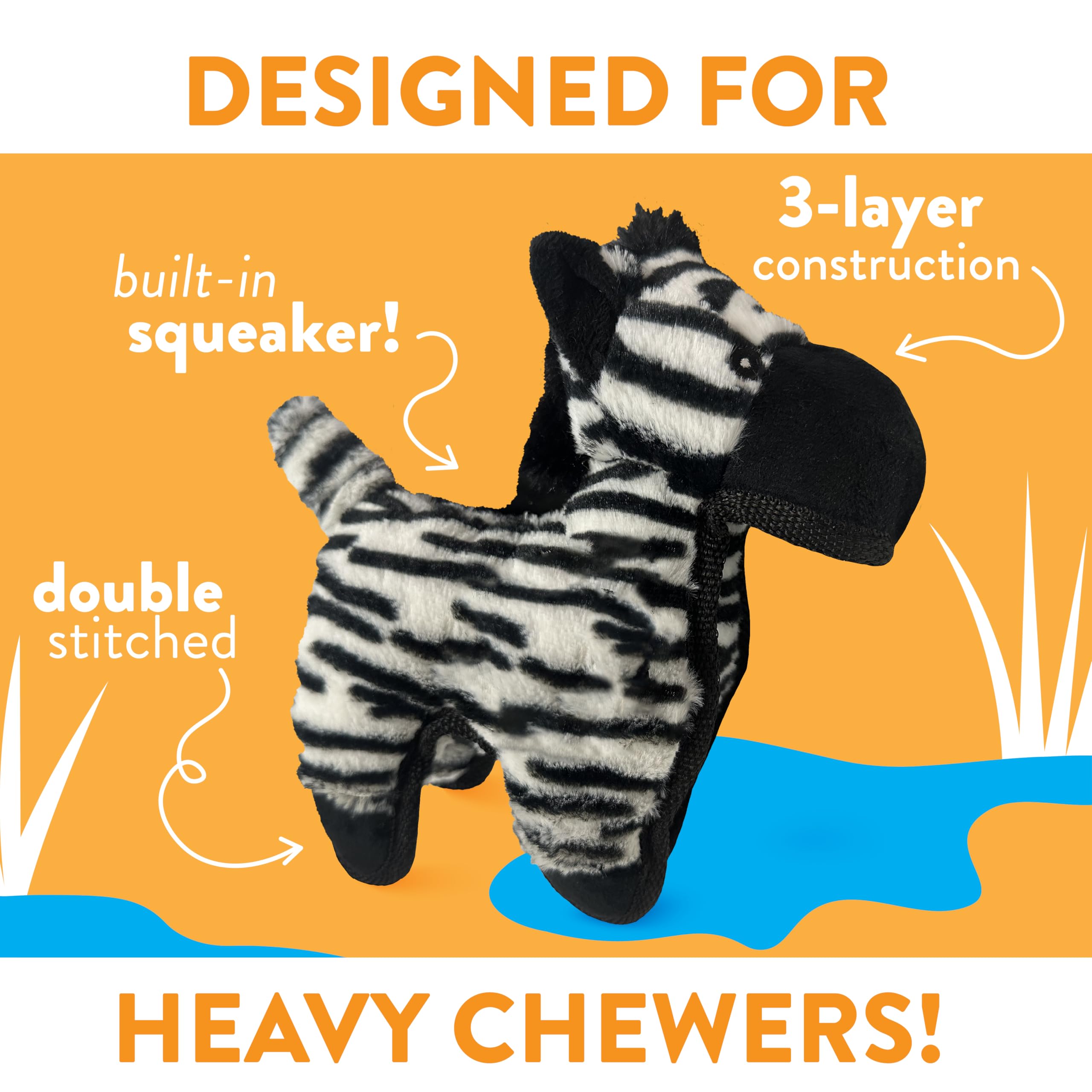 Spunky Pup MEGA Tough Zebra toy squeaker keeps large dogs engaged during playtime.