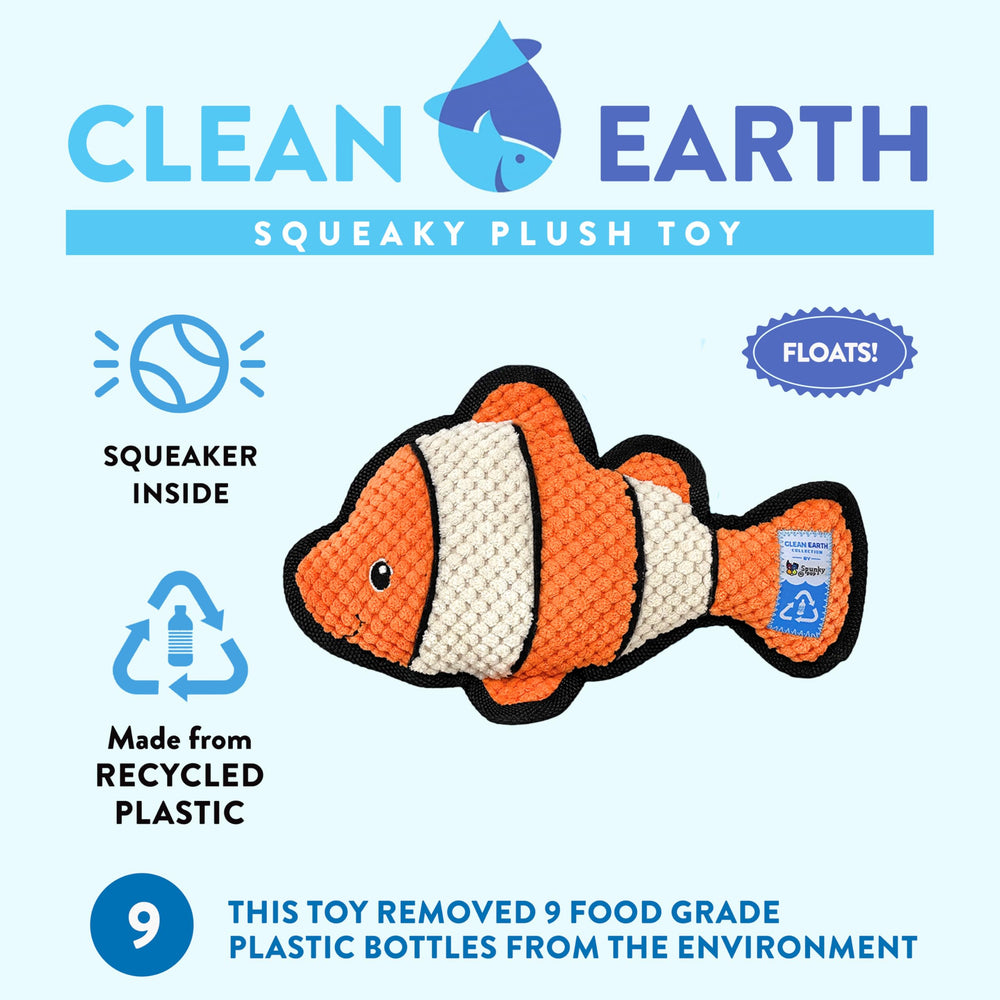 Spunky Pup plush close-up shows recycled water bottle materials.