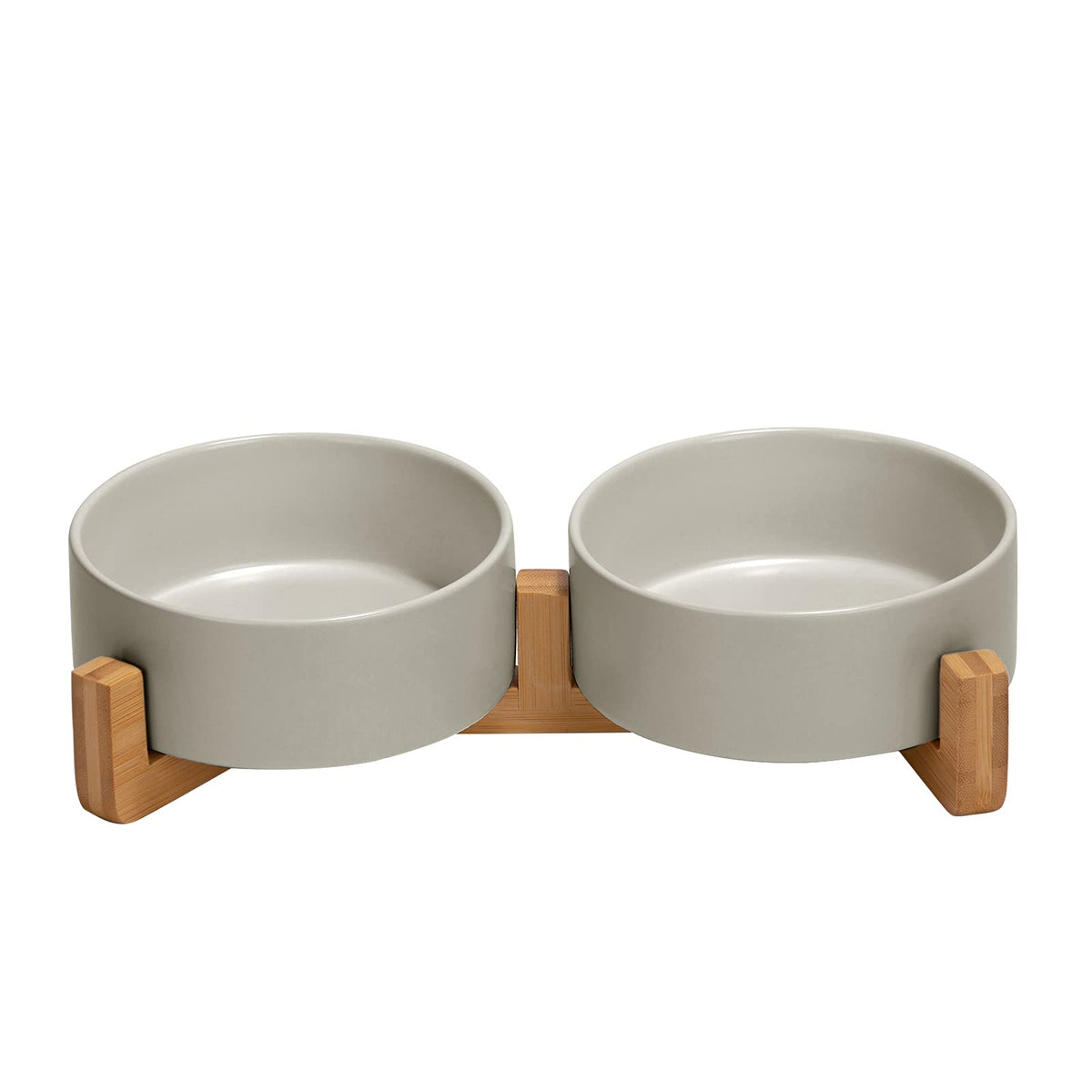 SPUNKYJUNKY ceramic bowl with wood stand – top view shows organized feeding for pets.