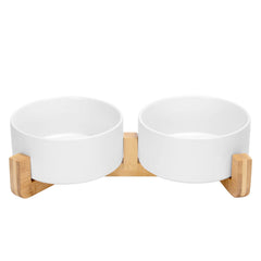 SPUNKYJUNKY ceramic dog-cat bowl with wood stand elevates meals for comfortable posture