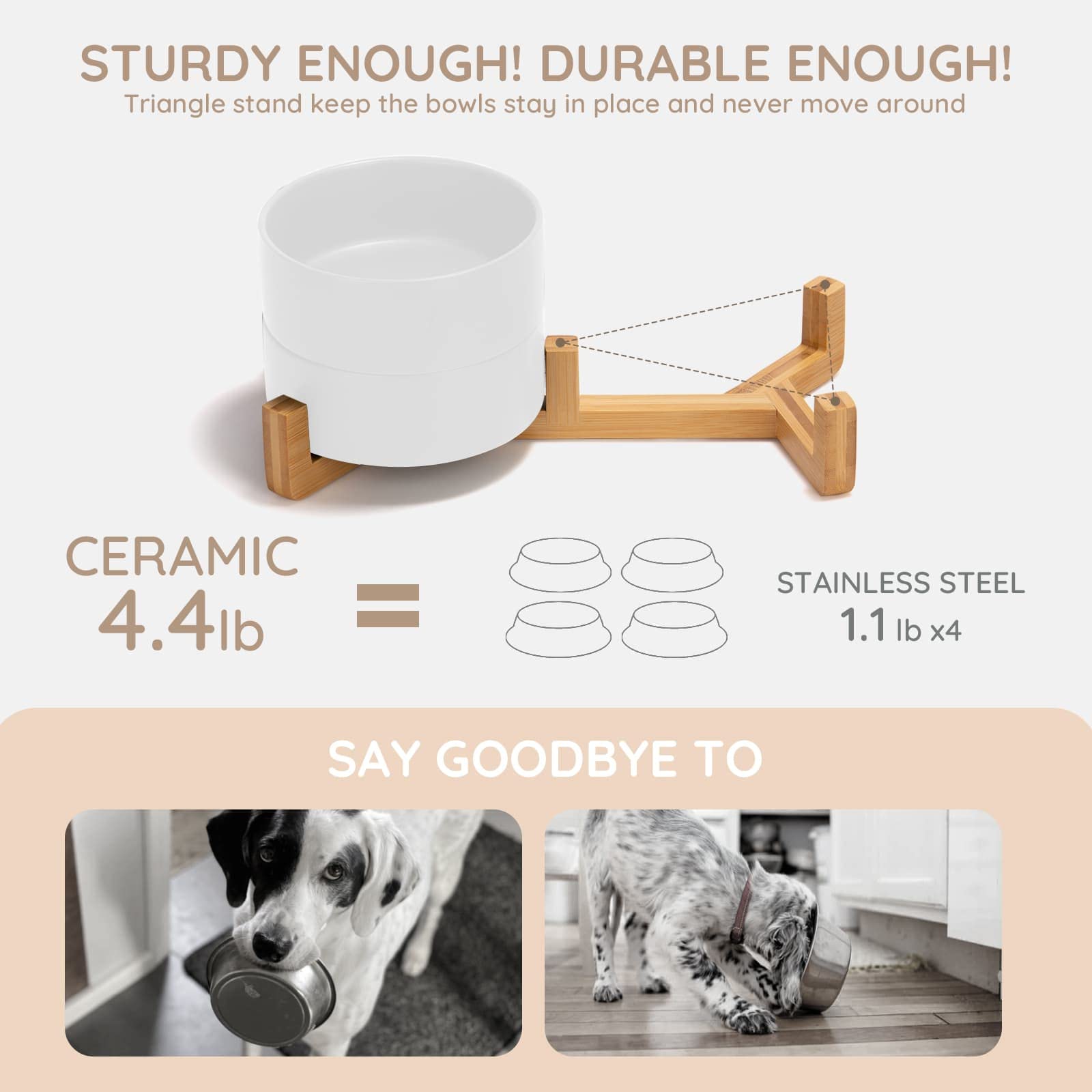 SPUNKYJUNKY wood stand prevents spills and clean floors during mealtime