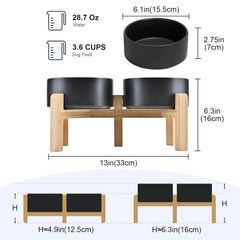 SPUNKYJUNKY bamboo stand raises bowls for healthier neck alignment.