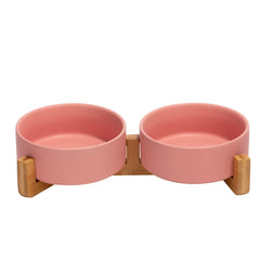 SPUNKYJUNKY ceramic bowl with wood stand closeup for tidy feeding area