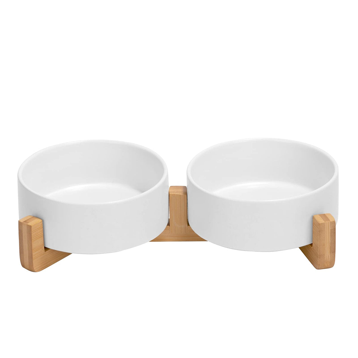 SPUNKYJUNKY ceramic dog bowl with wood stand and non-slip base for stable mealtimes.