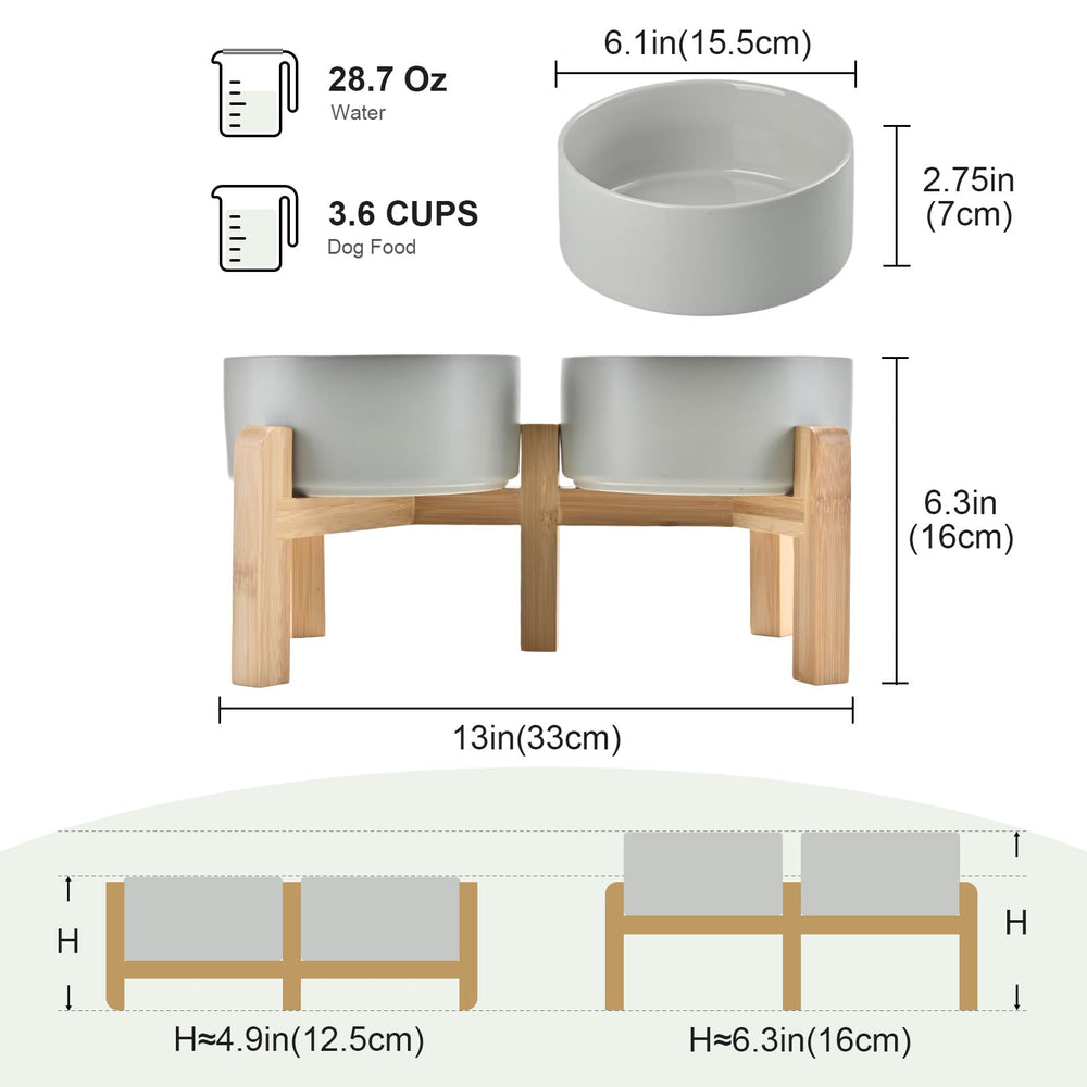 SPUNKYJUNKY elevated bowls bamboo stand assembly shows two-height option for healthier posture