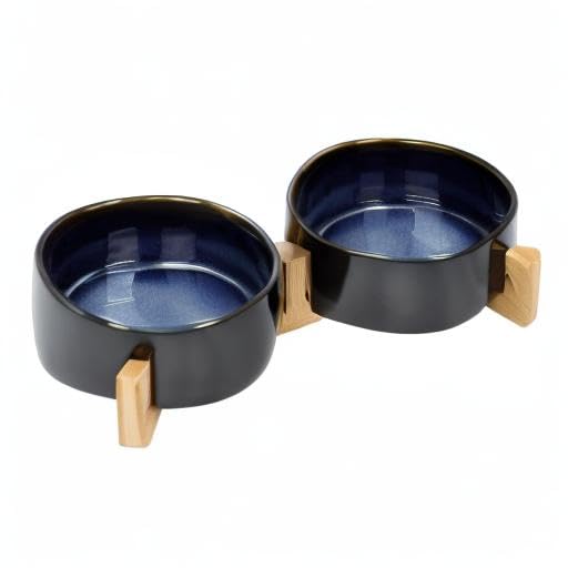 SPUNKYJUNKY pet dining area featuring Starry Blue bowls and stand.