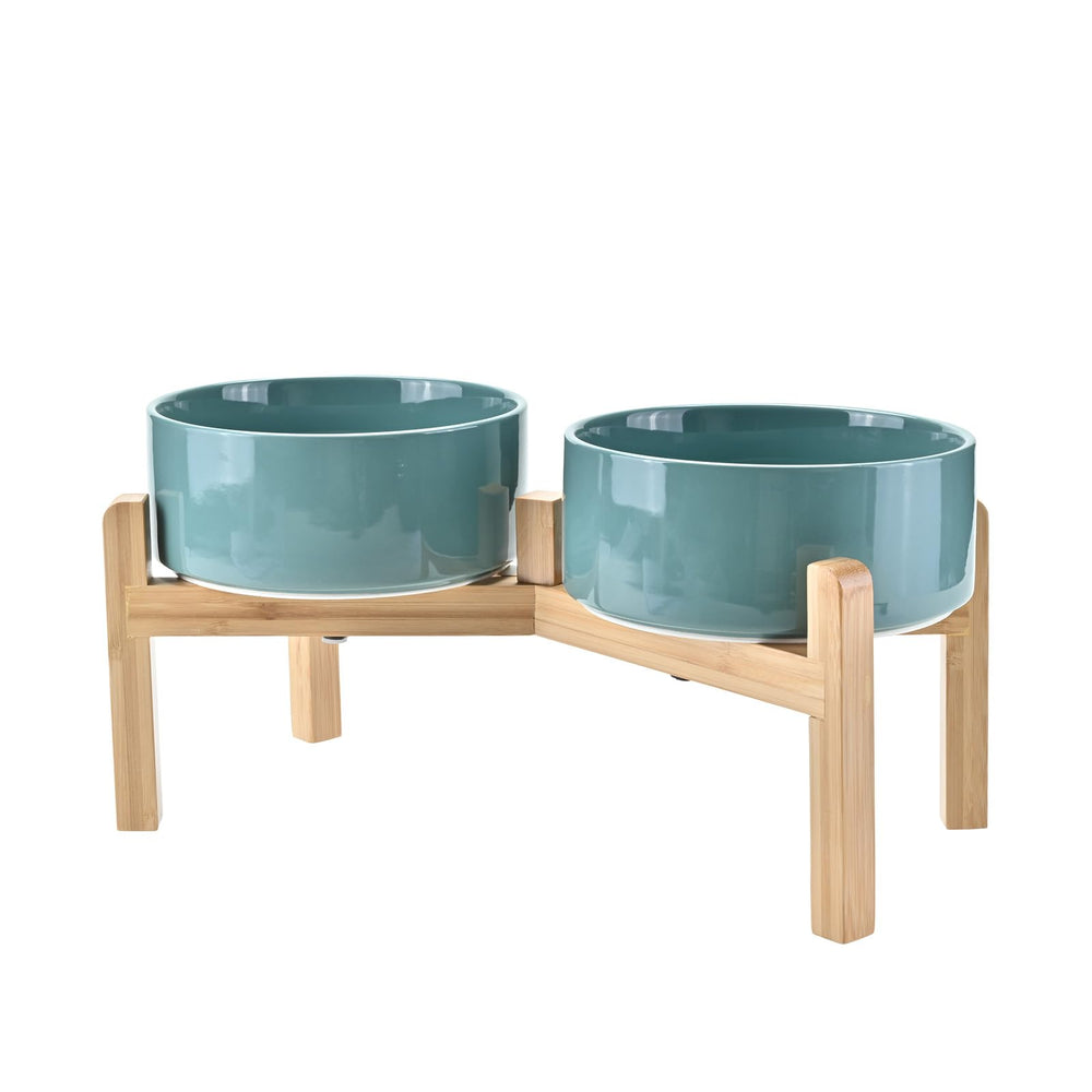 SPUNKYJUNKY ceramic elevated bowl full view shows 7.3 inch size for medium to large dogs