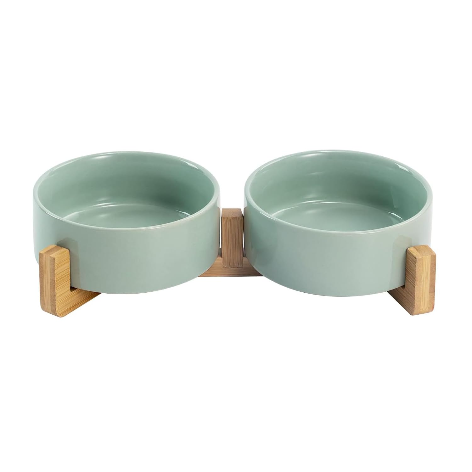 SPUNKYJUNKY ceramic bowls on wooden stand — front view for tidy feeding.