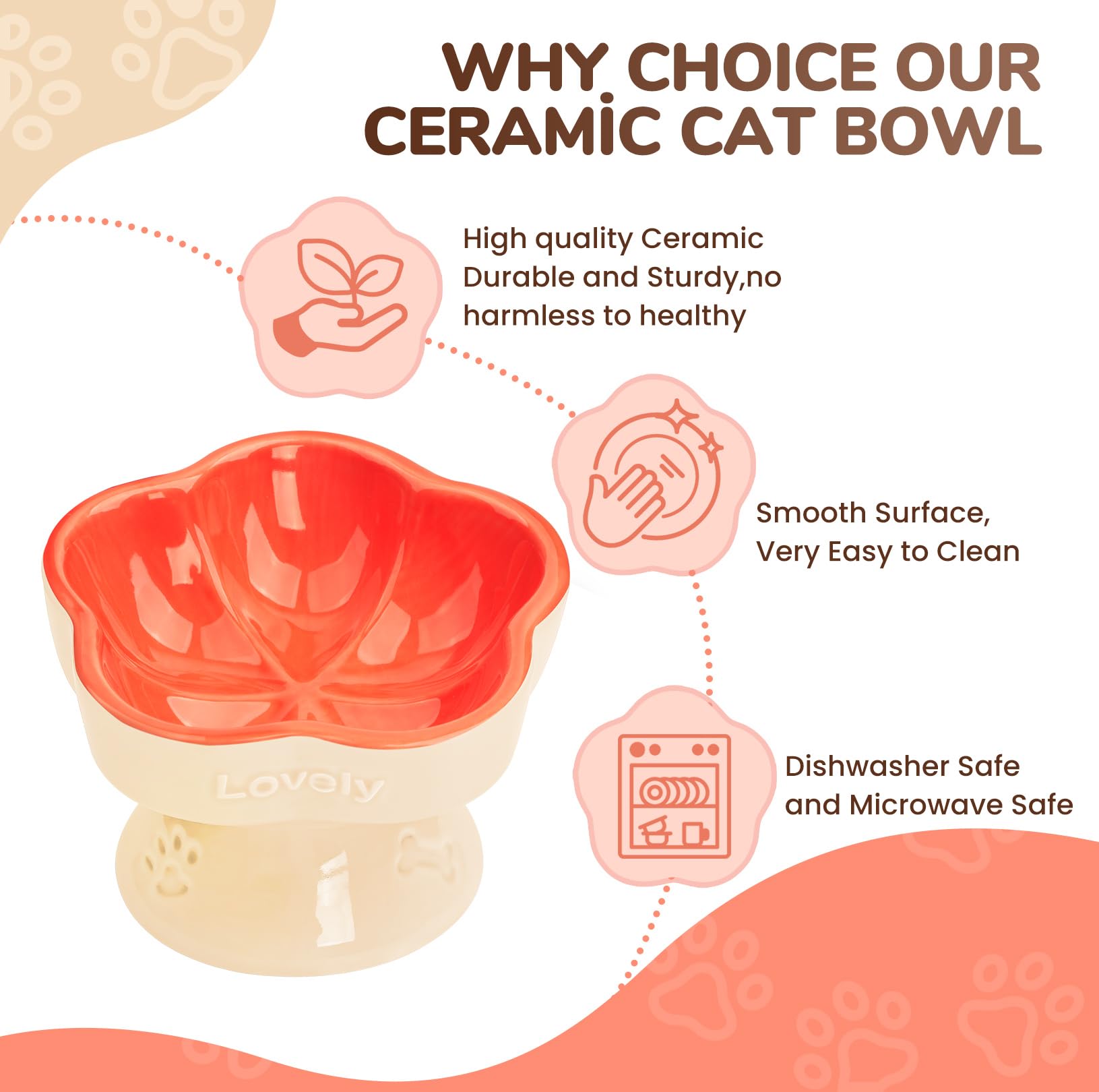 S&Q'S CERAMICS microwave-safe cat bowl orange facilitates quick reheating and cleaning.