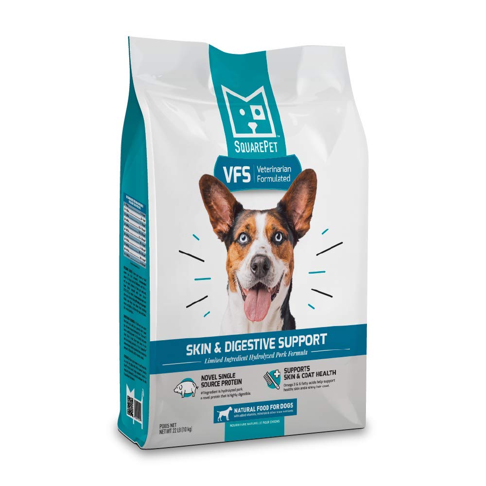 SquarePet VFS dry dog food bag front displaying premium ingredients for sensitive dogs.