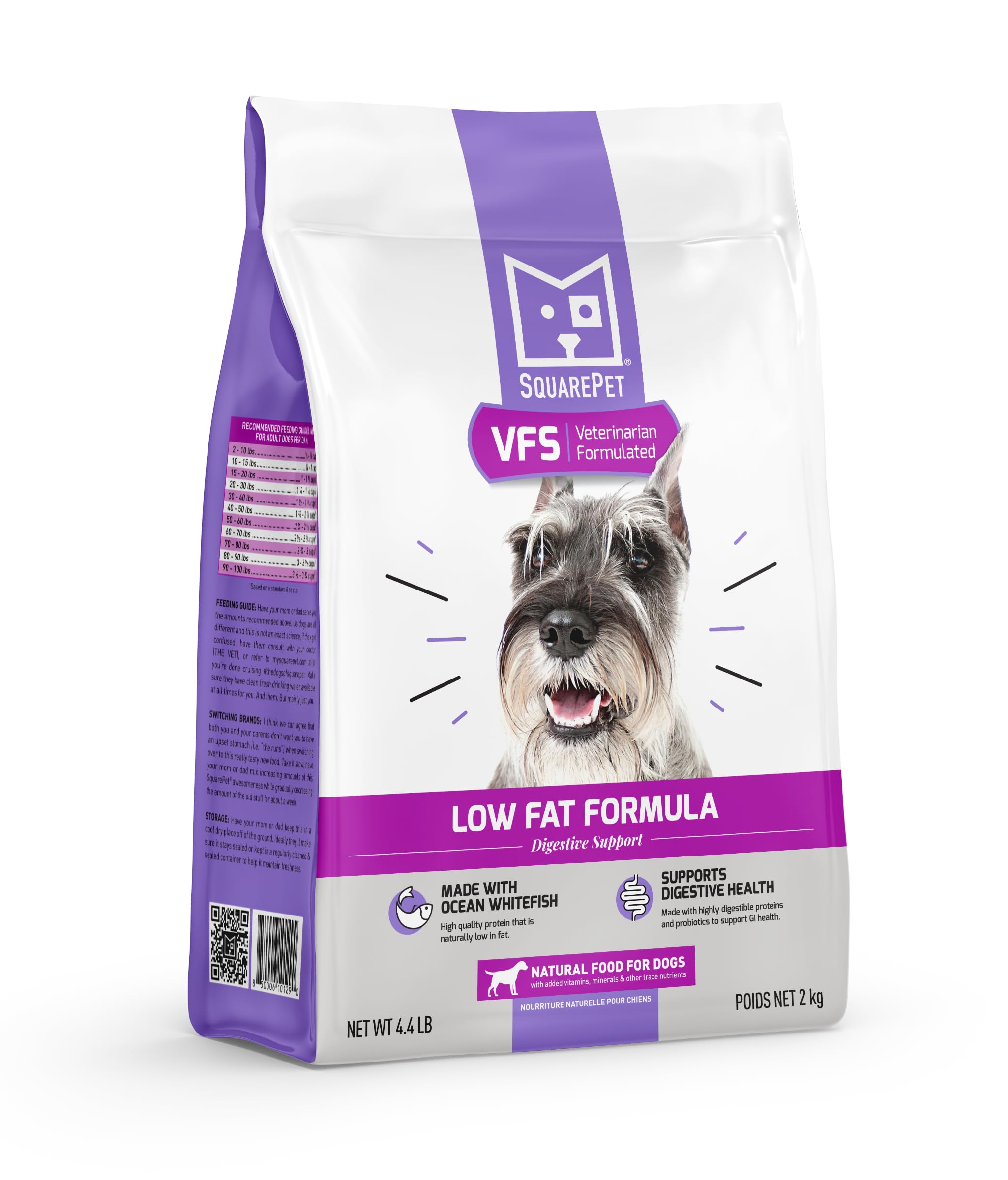 SquarePet VFS low-fat bag front highlighting lean formula for sensitive digestion